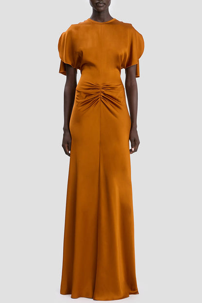 Isabella Satin Short Sleeve Ruched Waist V-shape Back Gown Maxi Dress