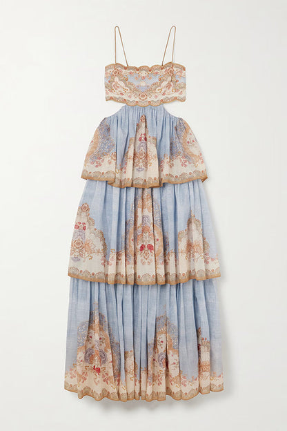 Daylight Unique Print Cutout Waist Back Lace-up Tiered Hem Maxi Dress