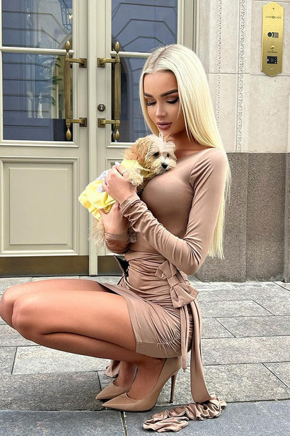 Long Sleeve Bow Ruched Midi Dress