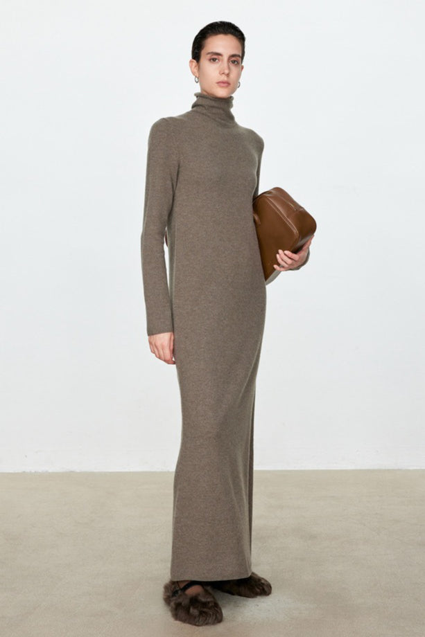 Turtleneck Long Sleeve Column Belted Knit Maxi Dress
