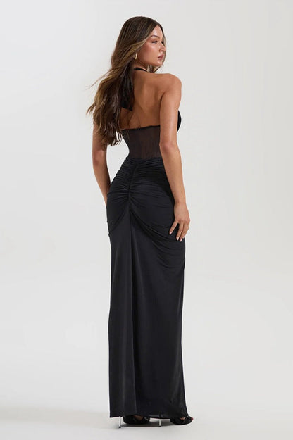 | Halter Maxi Dress with Mesh Panels