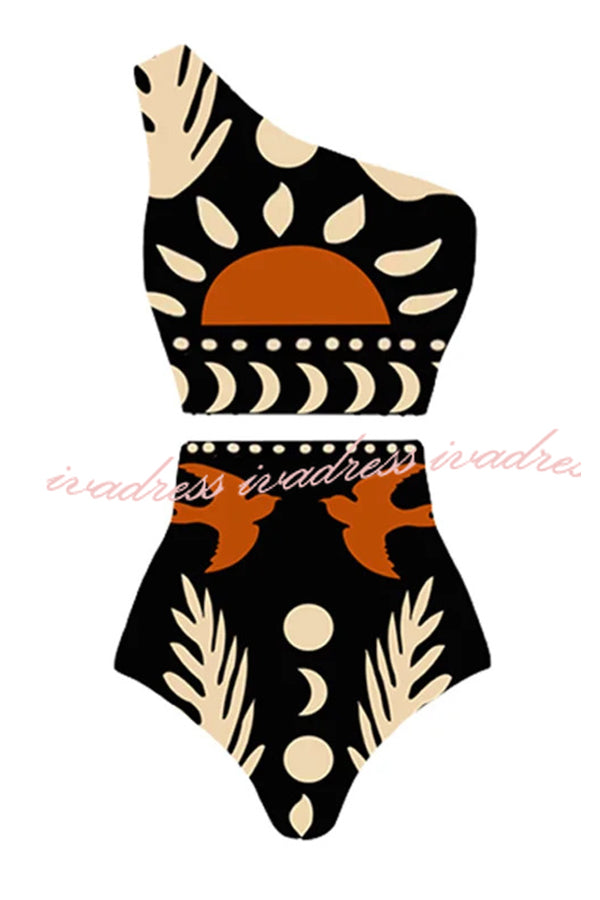 Abstract Art Birds and Sun Print Color Block High Waist Bikini Skirt Set