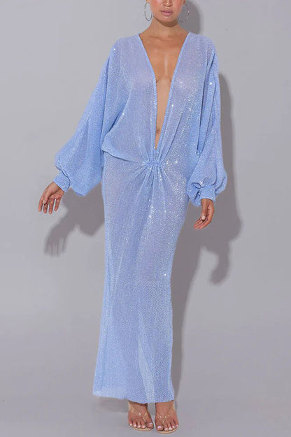 Modern Elegance Sequin Sheer Long Relaxed Sleeve Ruched Drape Maxi Dress