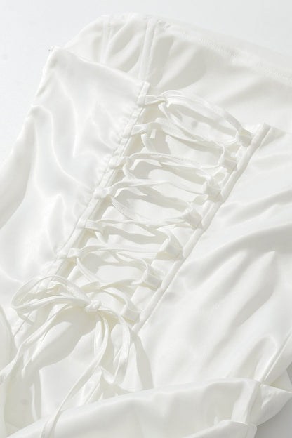 Strapless Corset Cowl Neck Ruched Skirt Side Sash Mini Dress