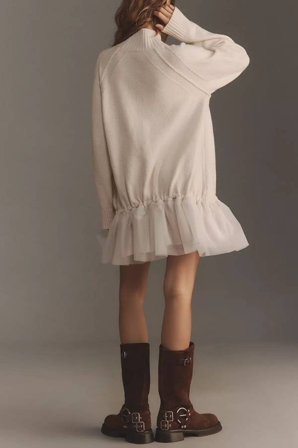 Knit Mock Neck Long Sleeve Tulle Ruffle Hem Twofer Mini Dress