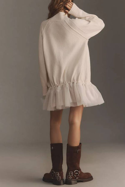 Knit Mock Neck Long Sleeve Tulle Ruffle Hem Twofer Mini Dress