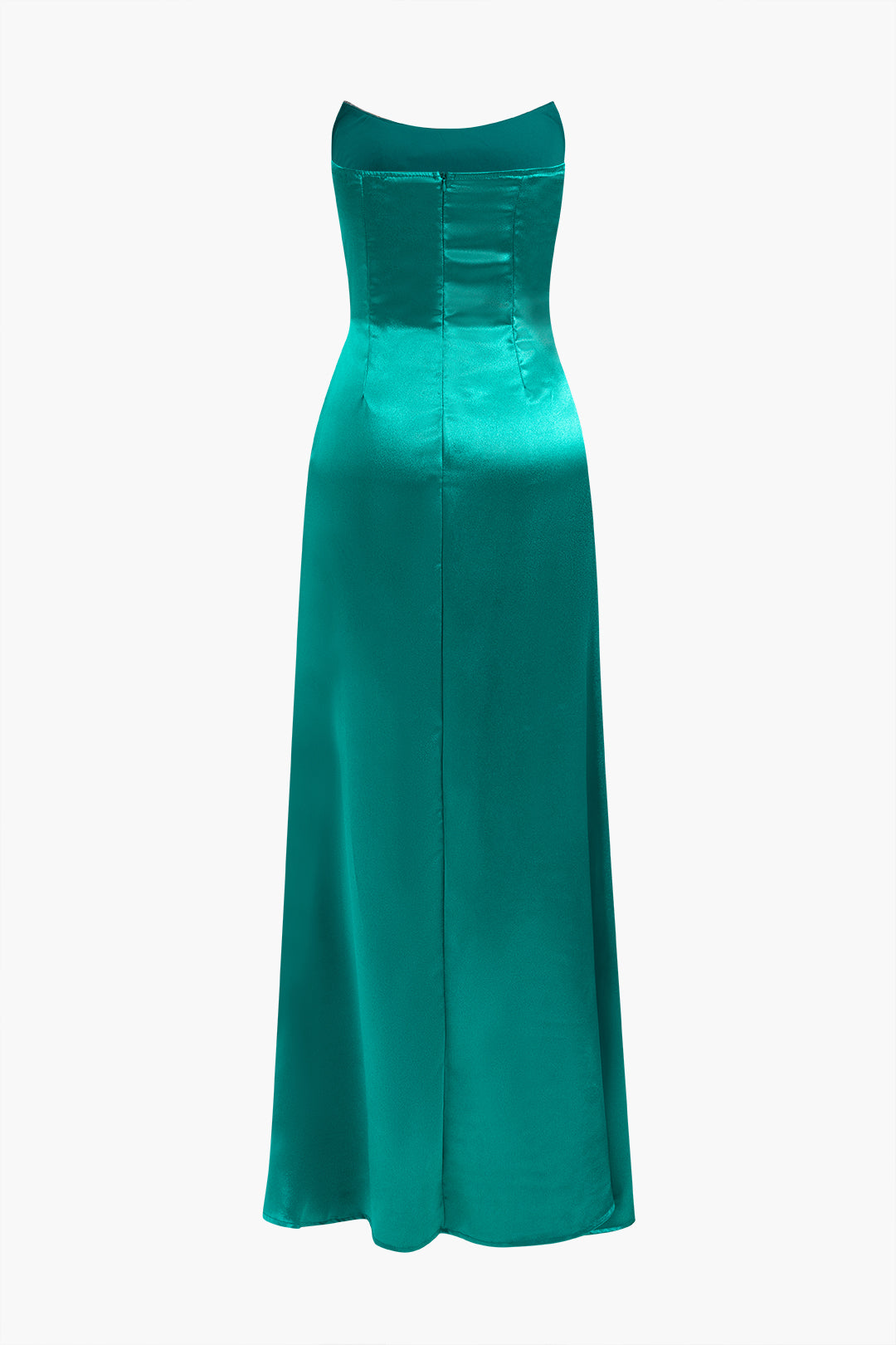 Strapless Sequin Bodice Ruched Satin Knot Hip High Slit Maxi Gown