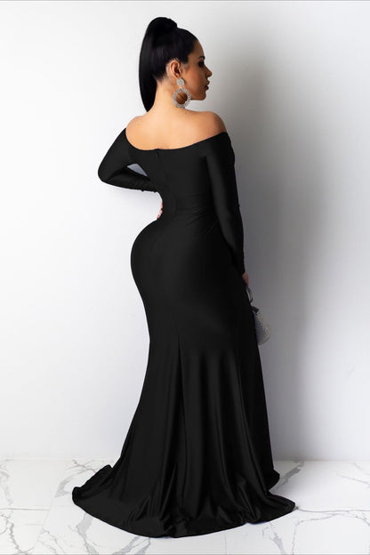 Off-Shoulder Surplice Long Sleeve High Slit Mermaid Maxi Gown