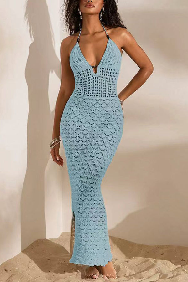Solid Color Openwork Halter Neck Slim-fit Knitted Cover-up Maxi Dress