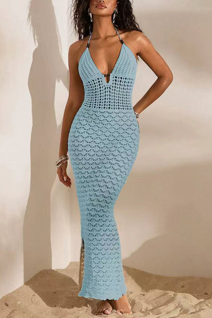 Solid Color Openwork Halter Neck Slim-fit Knitted Cover-up Maxi Dress
