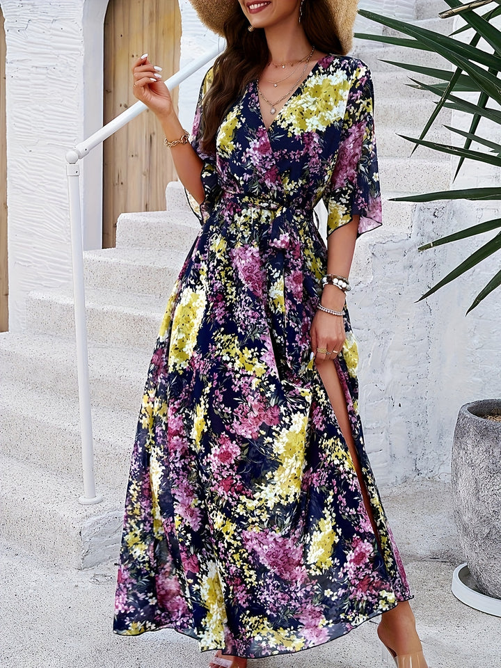 Floral Print Wrap V-Neck Flutter Sleeve Tie-Waist High Slit Maxi Dress