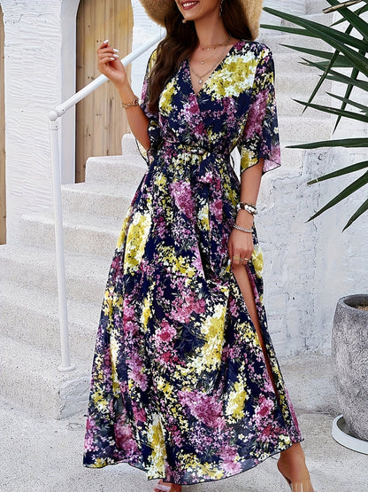 Floral Print Wrap V-Neck Flutter Sleeve Tie-Waist High Slit Maxi Dress