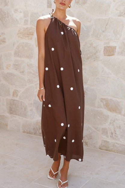 Polka Dot Print Sleeveless One-shoulder Tie-up Casual Vacation Maxi Dress