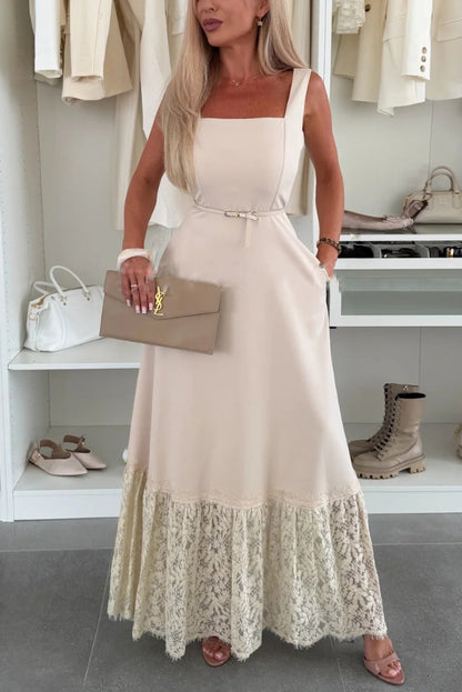 Solid Color Square Neck Sleeveless Fitted Waist Elegant Lace Hem Maxi Dress