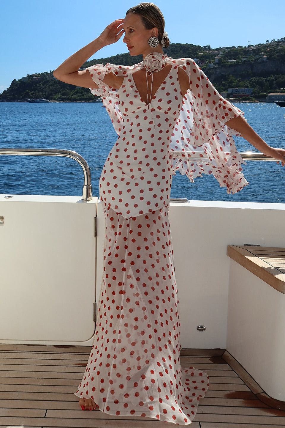 Polka Dot V-Neck Sheer Ruffle Capelet Rosette Neck Maxi Gown