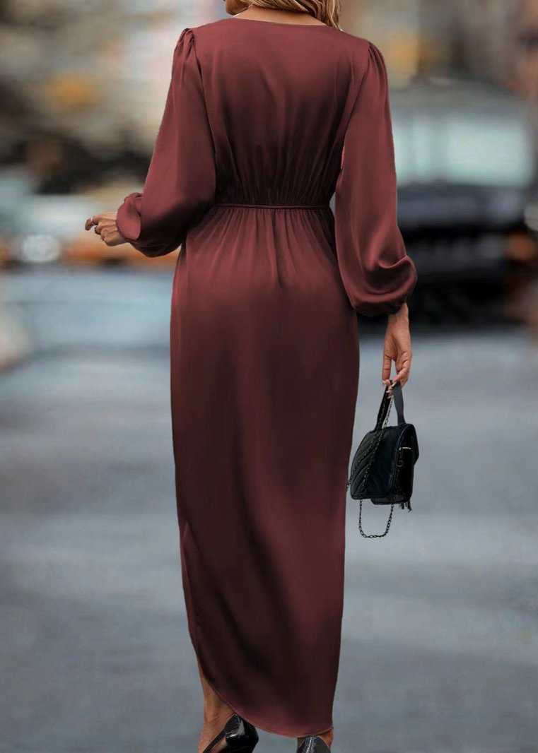 Wrap V-Neck Bishop Sleeve Twist-Waist Draped Midi Dress