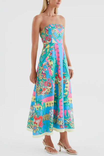 Unique Printed Sleeveless Off-shoulder Casual Vacation Midi Dresses