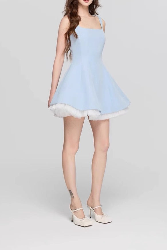 Square Neck Princess Seam Tulle Underlay Fit and Flare Mini Dress