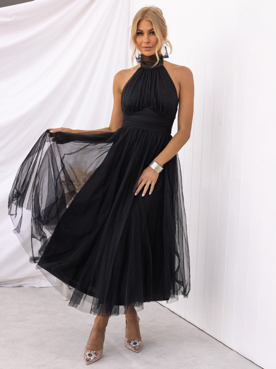 Tulle Midi Dress Halter Pleated Empire Waist Open Back Elegant Prom Dresses
