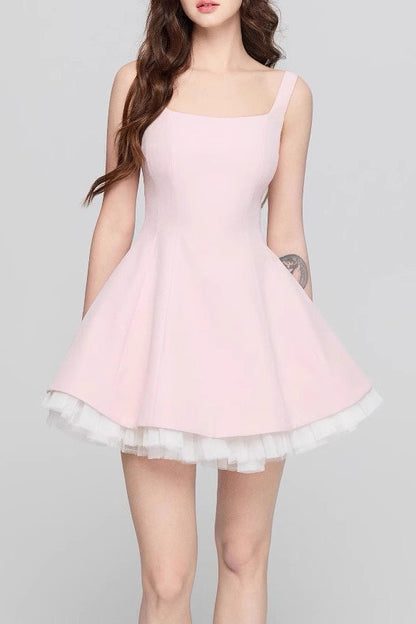 Square Neck Princess Seam Tulle Underlay Fit and Flare Mini Dress