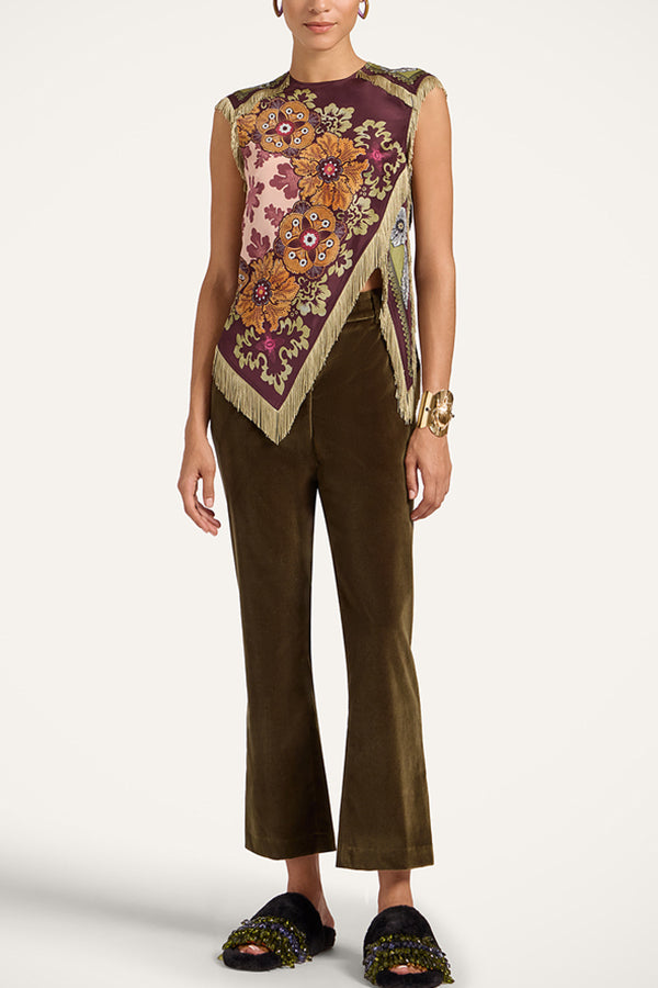 Stunning Floral Print Asymmetric Tassel Trim Scarf Top
