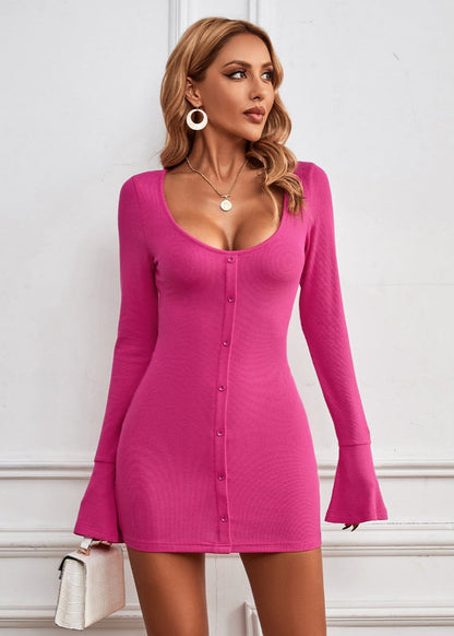 Rib Knit Scoop Neck Button Front Bell Cuff Bodycon Mini Dress