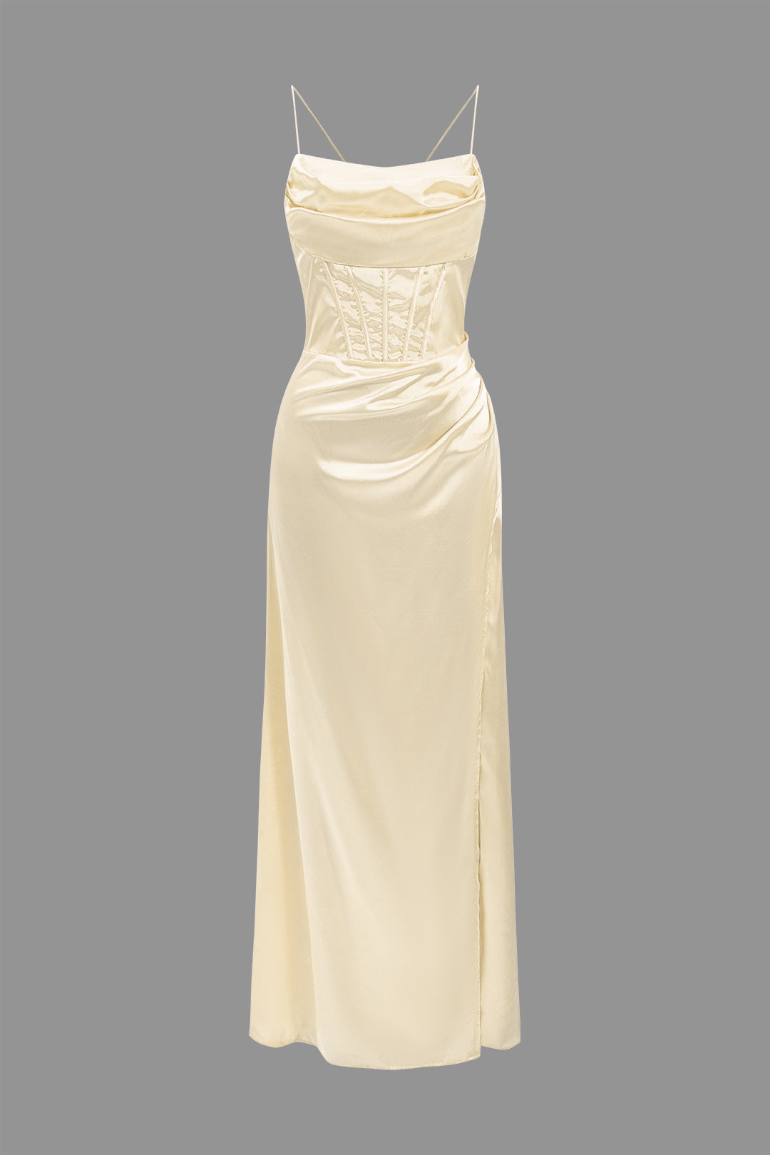 Cowl Neck Corset Bodice Spaghetti Strap Satin High Slit Maxi Dress