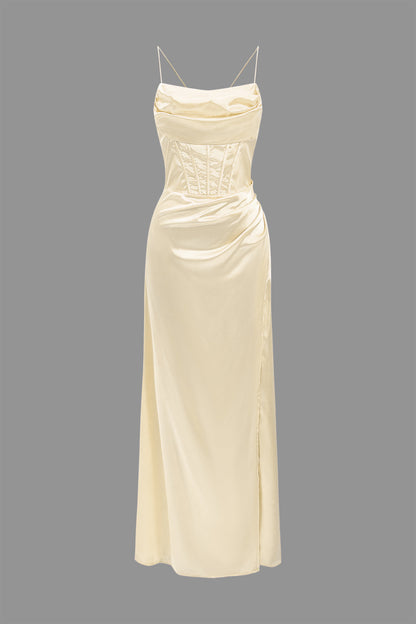 Cowl Neck Corset Bodice Spaghetti Strap Satin High Slit Maxi Dress