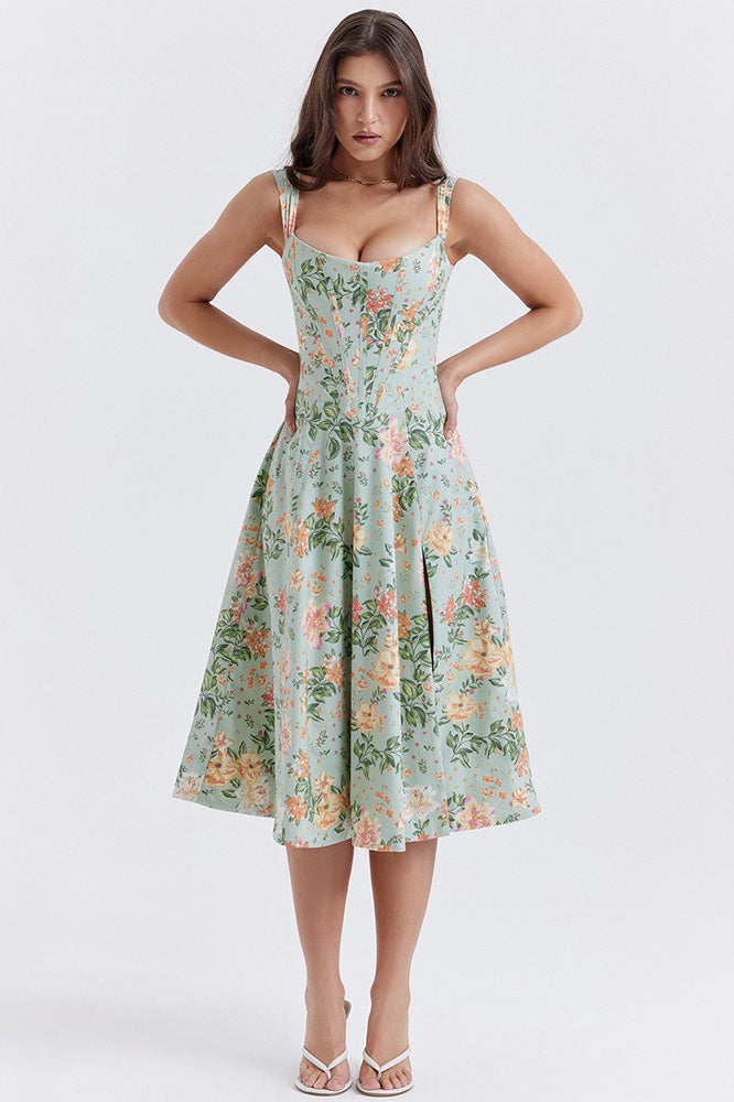 Thick Strap Sweetheart Corset Bodice Ditsy Floral Print A-Line Midi Dress