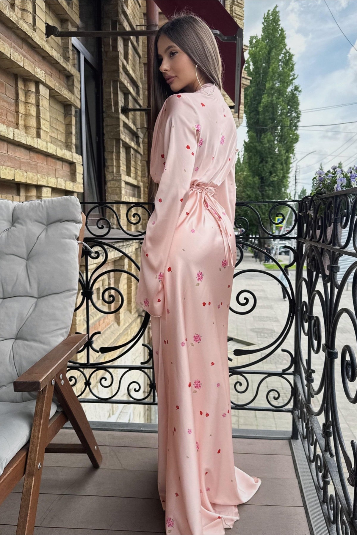 | Satin Floral V Neck Flared Hem Maxi Dress