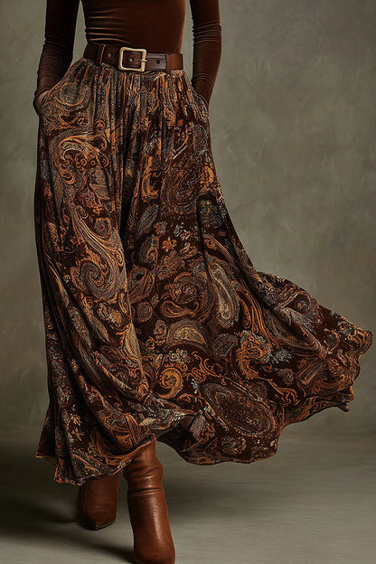 Stylish Velvet Long-sleeved Fitted Top and Unique Printed Casual Pocket Maxi Skirt Set