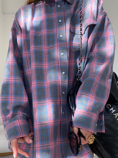 Vintage Plaid Print Long Sleeve Blouse