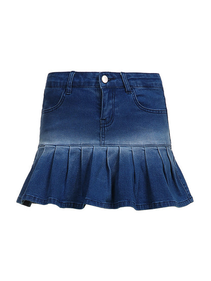 Vintage Pleated Ultra Short Denim Mini Skirt