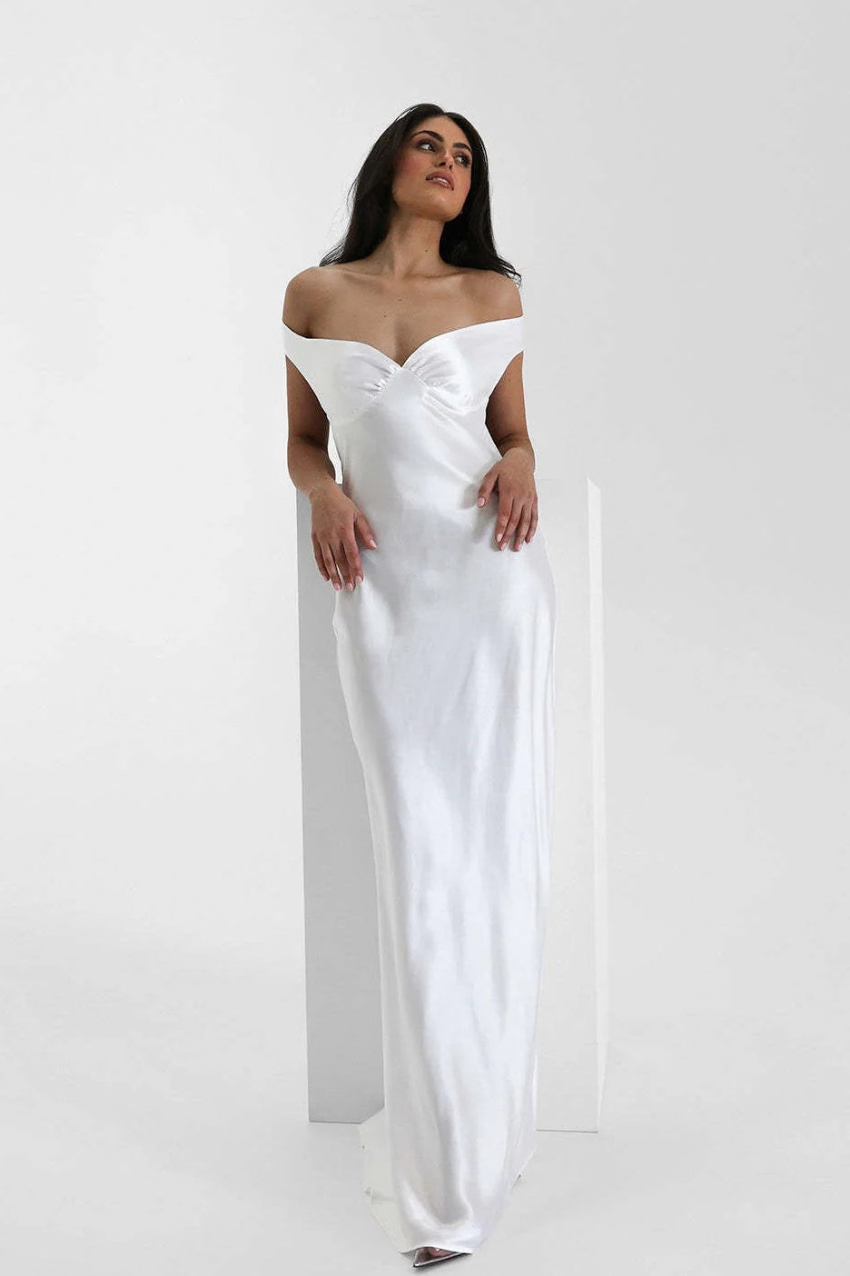 | Satin Mermaid Off Shoulder Maxi Dress