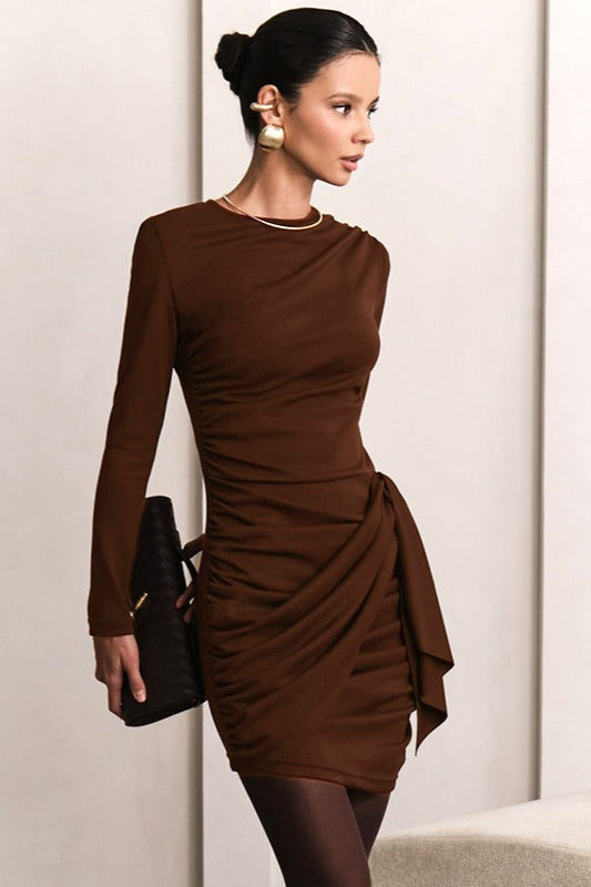Sexy Ruched Bandage Fitted Bodycon Round Neck Mini Dress