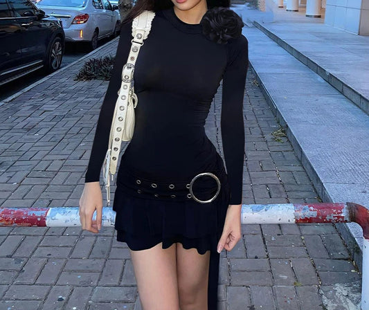 Floral Pleated Belt O Neck Mini Dress