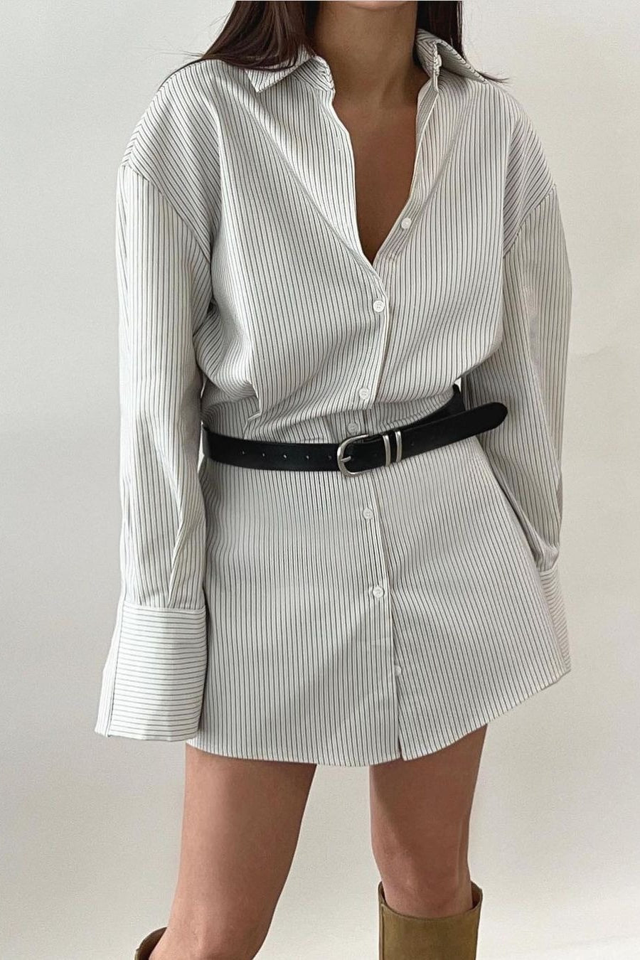 Pinstripe Point Collar Deep V Wide Cuff Long Sleeve Belted Mini Shirt Dress