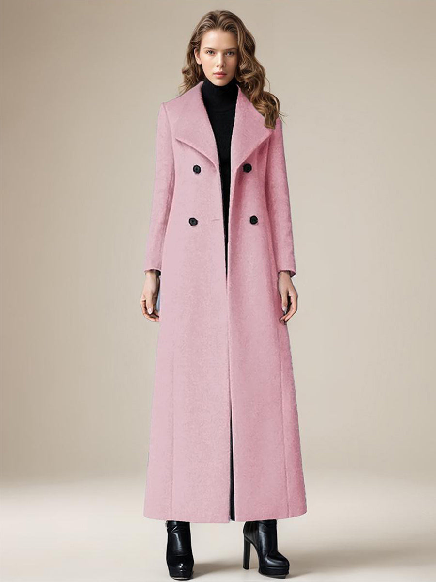Woolen Coat For Women Turndown Collar Double-breasted Full Length Retro Wrap Coat Winter Outerwear 2026