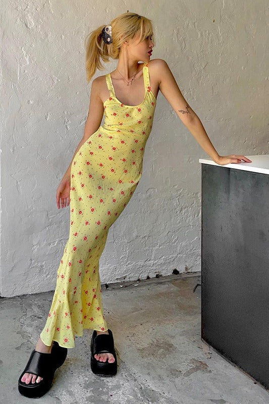 | Casual U Neck Floral Print Ruched Maxi Dress