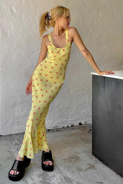 | Casual U Neck Floral Print Ruched Maxi Dress