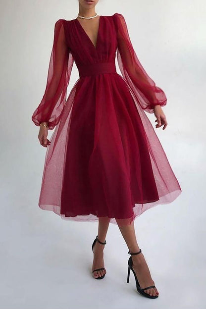 Tulle Deep V-Neck Lantern Sleeve Pleated Belted Midi Dress
