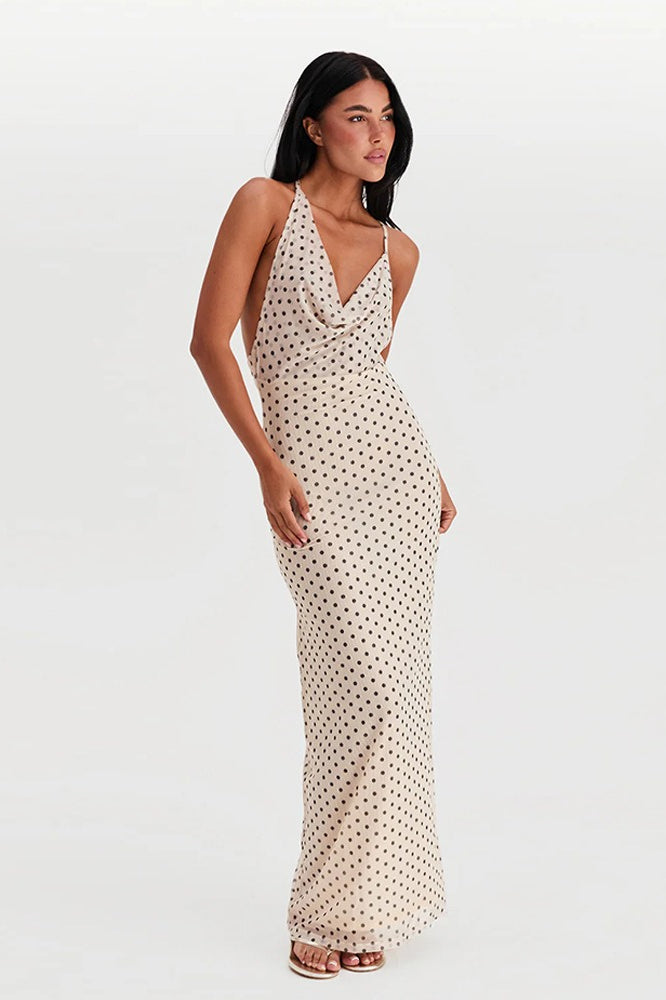 Polka Dot Cowl Neck Spaghetti Strap Open Back Column Maxi Dress