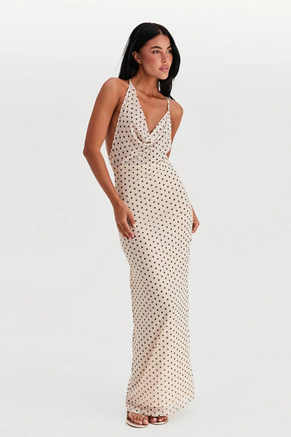 Polka Dot Cowl Neck Spaghetti Strap Open Back Column Maxi Dress