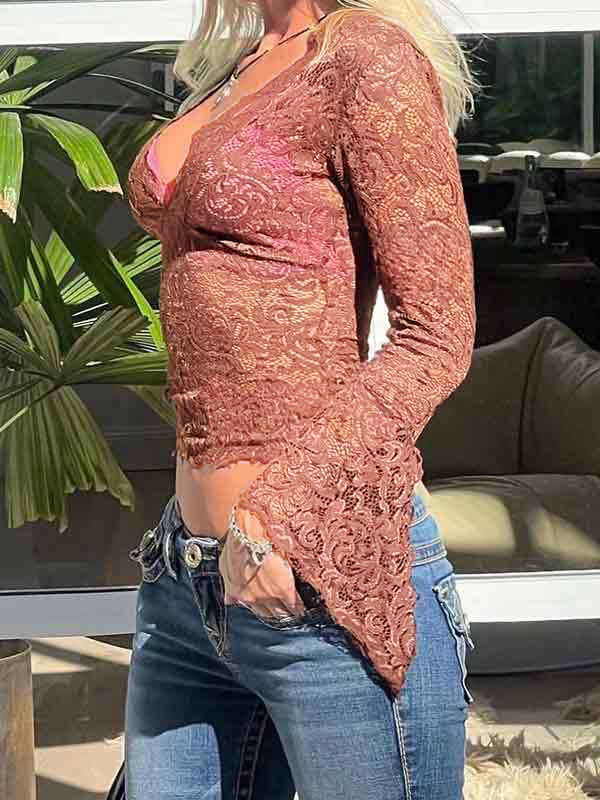 Lace V Neck Slim Flare Design Long Sleeve Shirt