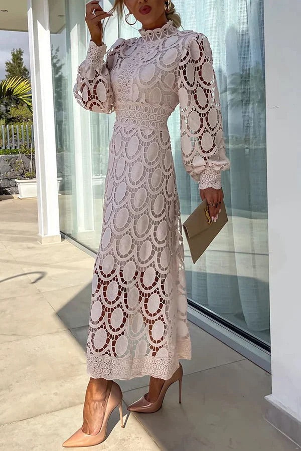 Guipure Lace Mock Neck Lantern Sleeve Scalloped Hem Hollow Out Midi Dress