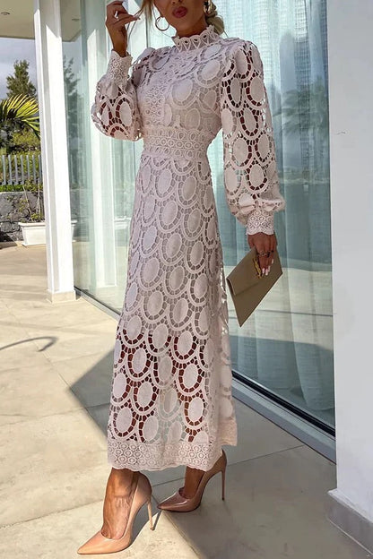 Guipure Lace Mock Neck Lantern Sleeve Scalloped Hem Hollow Out Midi Dress