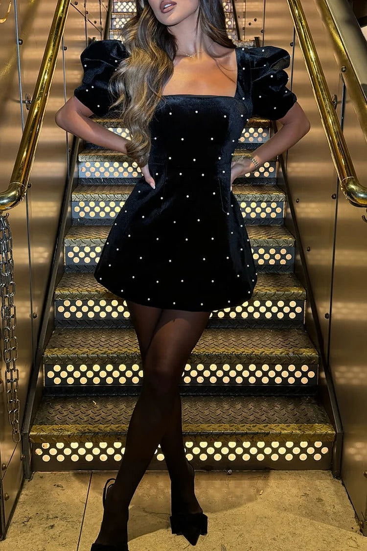 Velvet Square Neck Pearl Embellished Puff Sleeve Mini Dress