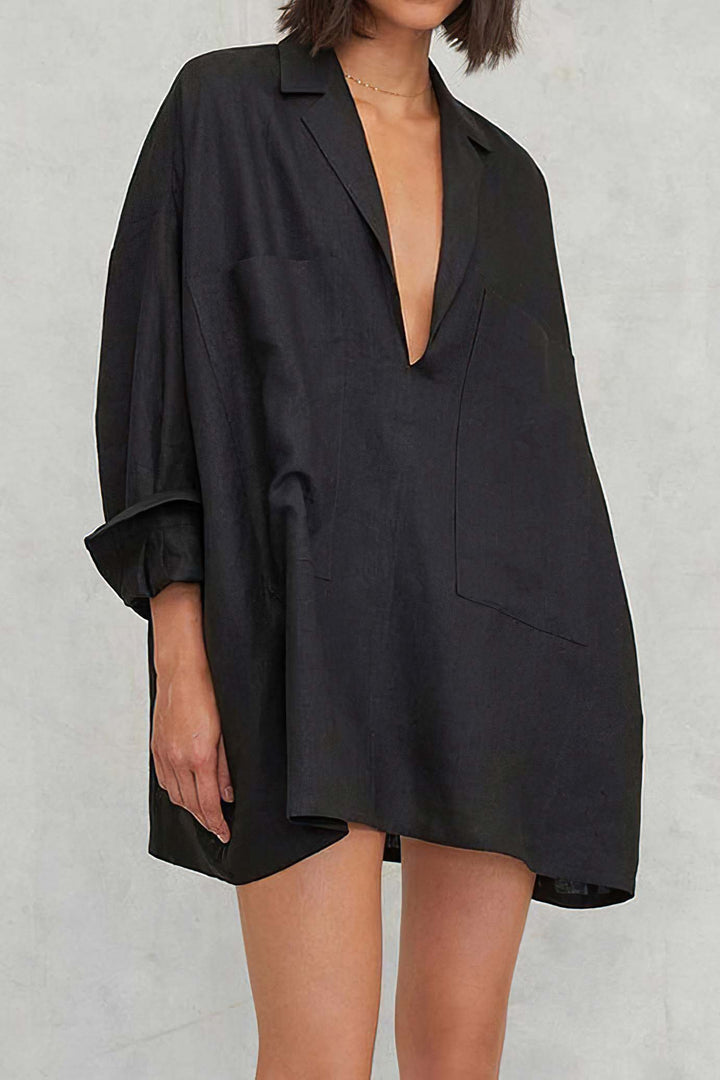Oversized Deep V-Neck Patch Pocket Linen Shirt Mini Dress