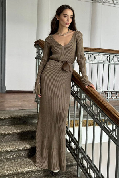 Rib Knit Deep V-Neck Long Sleeve Belted Maxi Dress