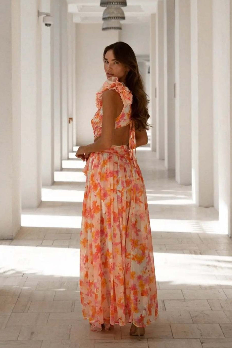 Blossom Print Ruffle Neckline Cutout Tiered Ruffle Maxi Dress